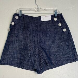 Liz Claiborne Navy High Waist Womens Sz 8 Tweed Dressy Shorts Rhinestone Buttons